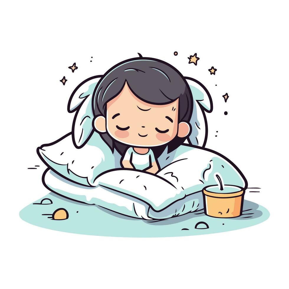 süß wenig Mädchen Schlafen im das Bett. Vektor Karikatur Illustration.