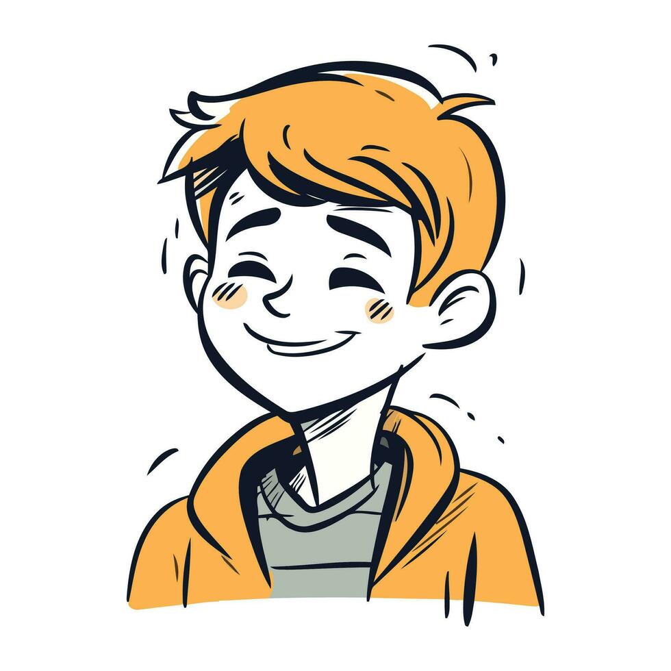 vektor illustration av en Lycklig leende pojke med orange hår i en gul jacka.