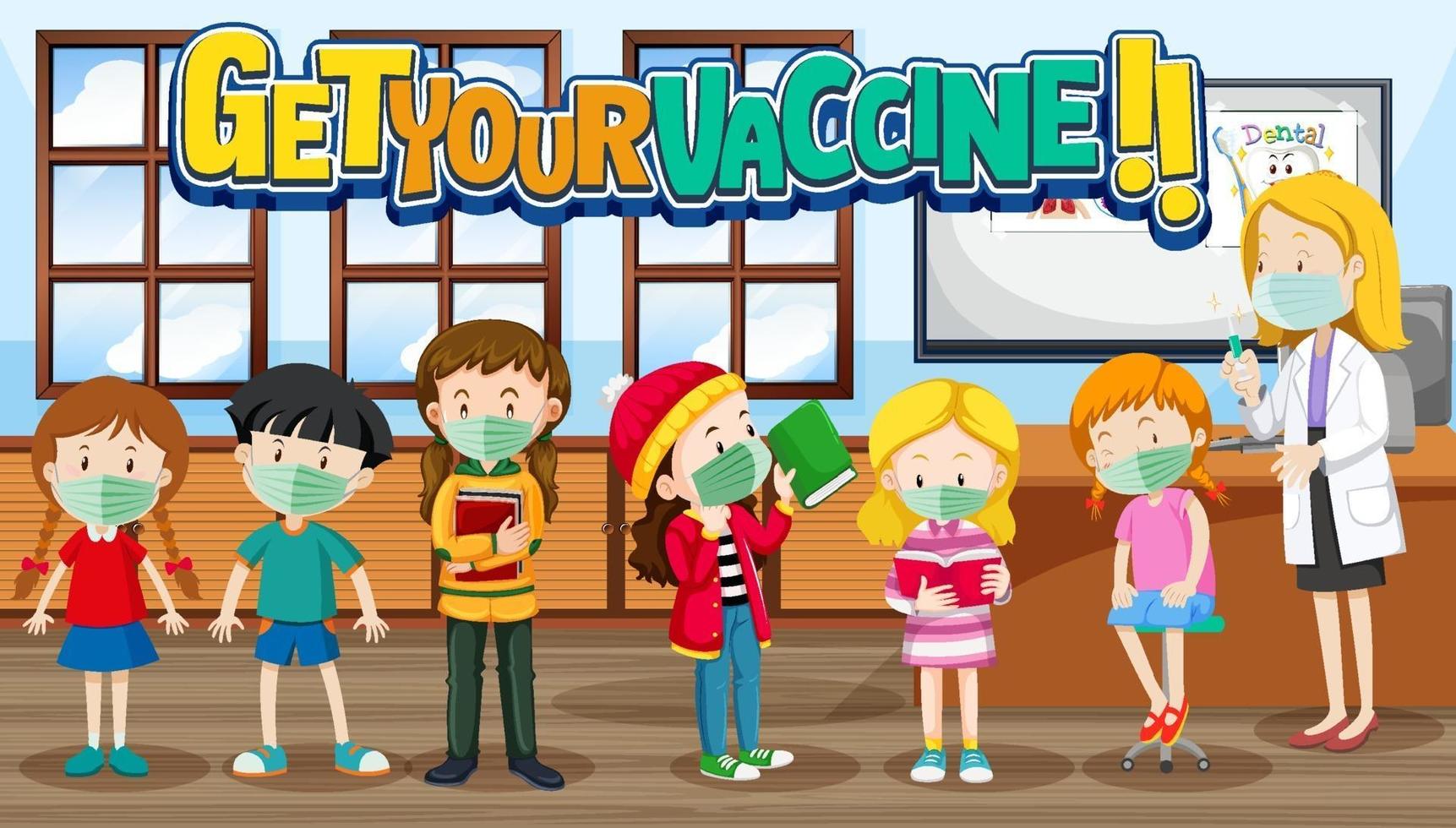 Holen Sie sich Ihr Impfstoff-Schriftlogo mit Kindern, die in der Warteschlange warten, um einen Impfstoff zu bekommen vektor