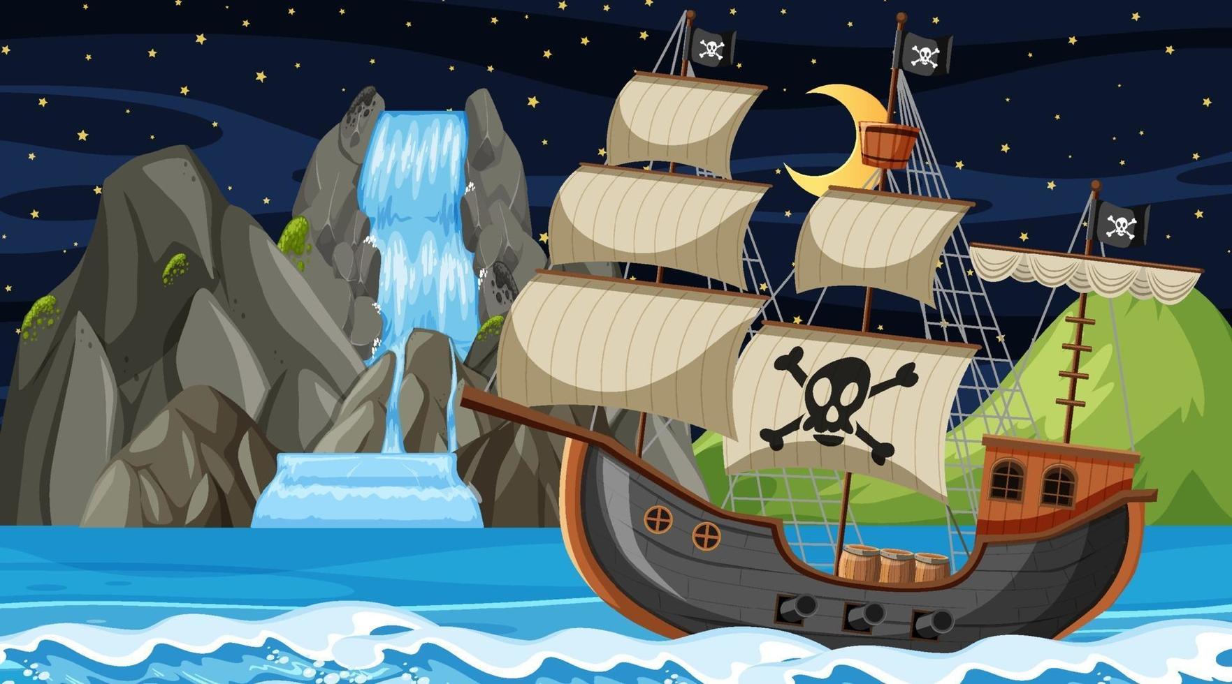 Ozean mit Piratenschiff bei Nachtszene im Karikaturstil vektor