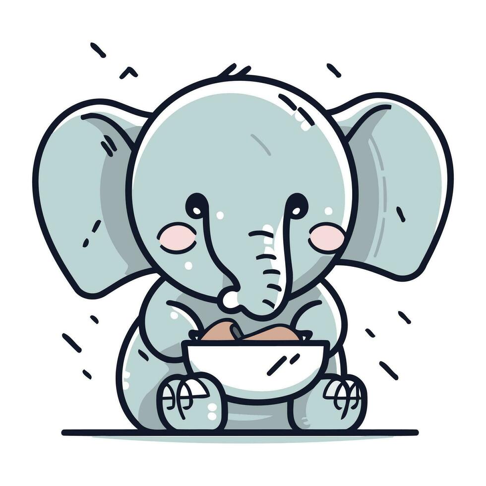 süß Baby Elefant Essen ein Schüssel von Reis. Vektor Illustration.