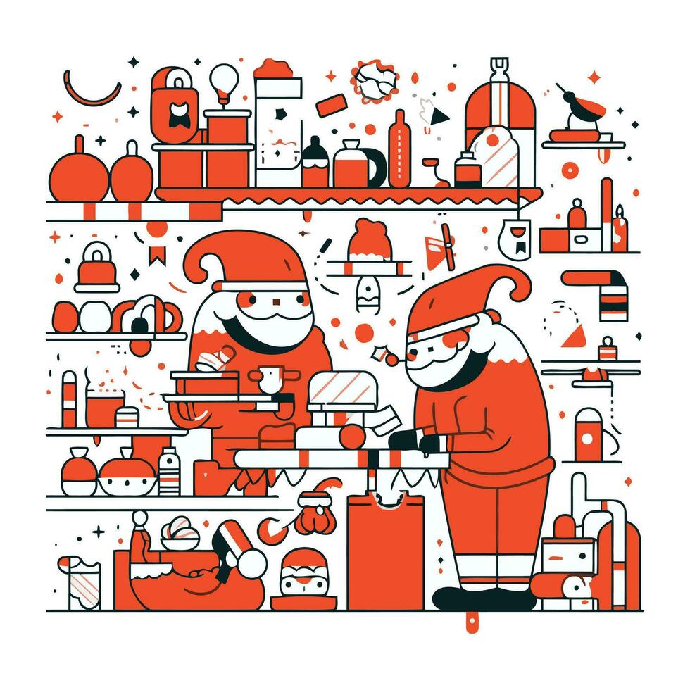 Santa claus und Elf im das Küche. Vektor Illustration im dünn Linie Stil.