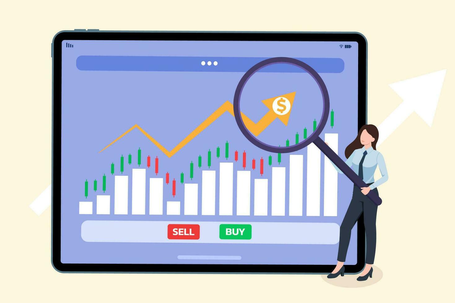 företag kvinna sälja stock förbi läsplatta, lager marknadsföra Graf Diagram på läsplatta skärm, handel ljusstake Diagram på elektronisk enheter, global stock utbyten index, forex handel begrepp, handel strategi vektor