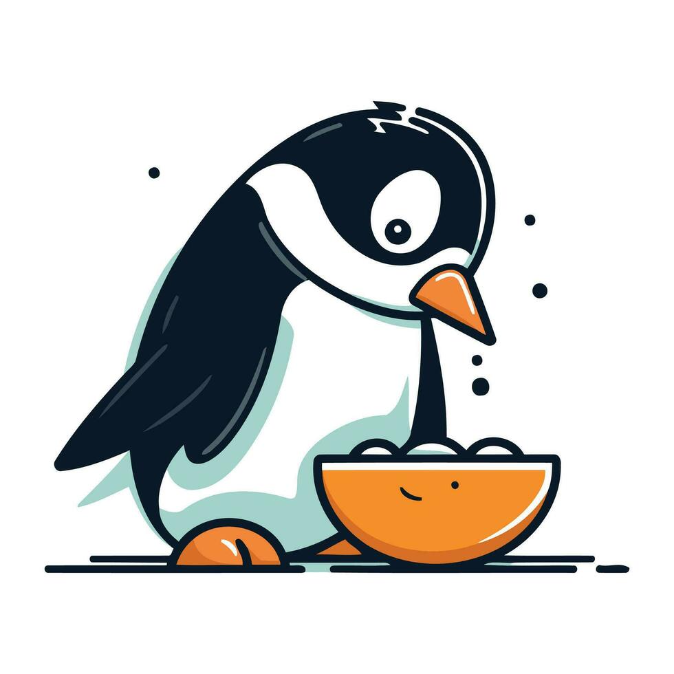 süß Karikatur Pinguin mit ein Schüssel von Lebensmittel. Vektor Illustration.