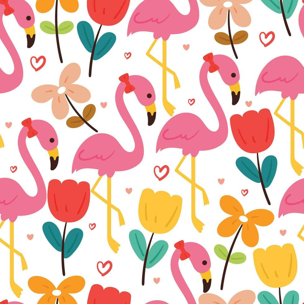 sömlös mönster tecknad serie flamingo med blommor. söt illustration design. djur- mönster för gåva slå in papper vektor