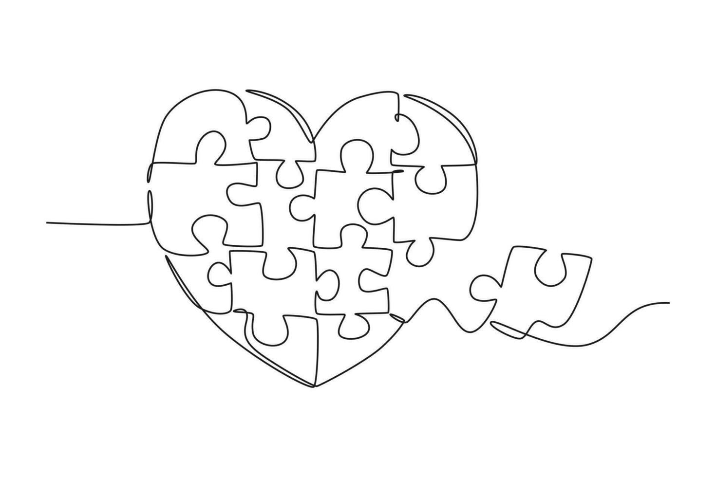 enda ett linje teckning uppsättning pussel bitar sätta den tillsammans till söt hjärta form form symbol. romantisk äktenskap kärlek relation begrepp. modern kontinuerlig linje dra design grafisk vektor illustration