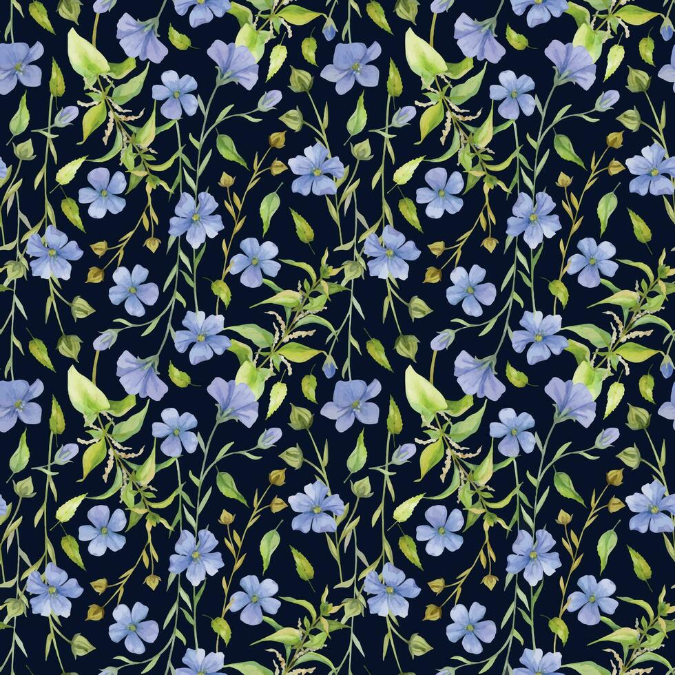 hand dragen vattenfärg lin Linné blå blommor, nässla grön stjälk löv naturlig växt. botanisk illustration isolerat sömlös mönster på mörk bakgrund. affär logotyp skriva ut, hemsida, kort, häfte. vektor