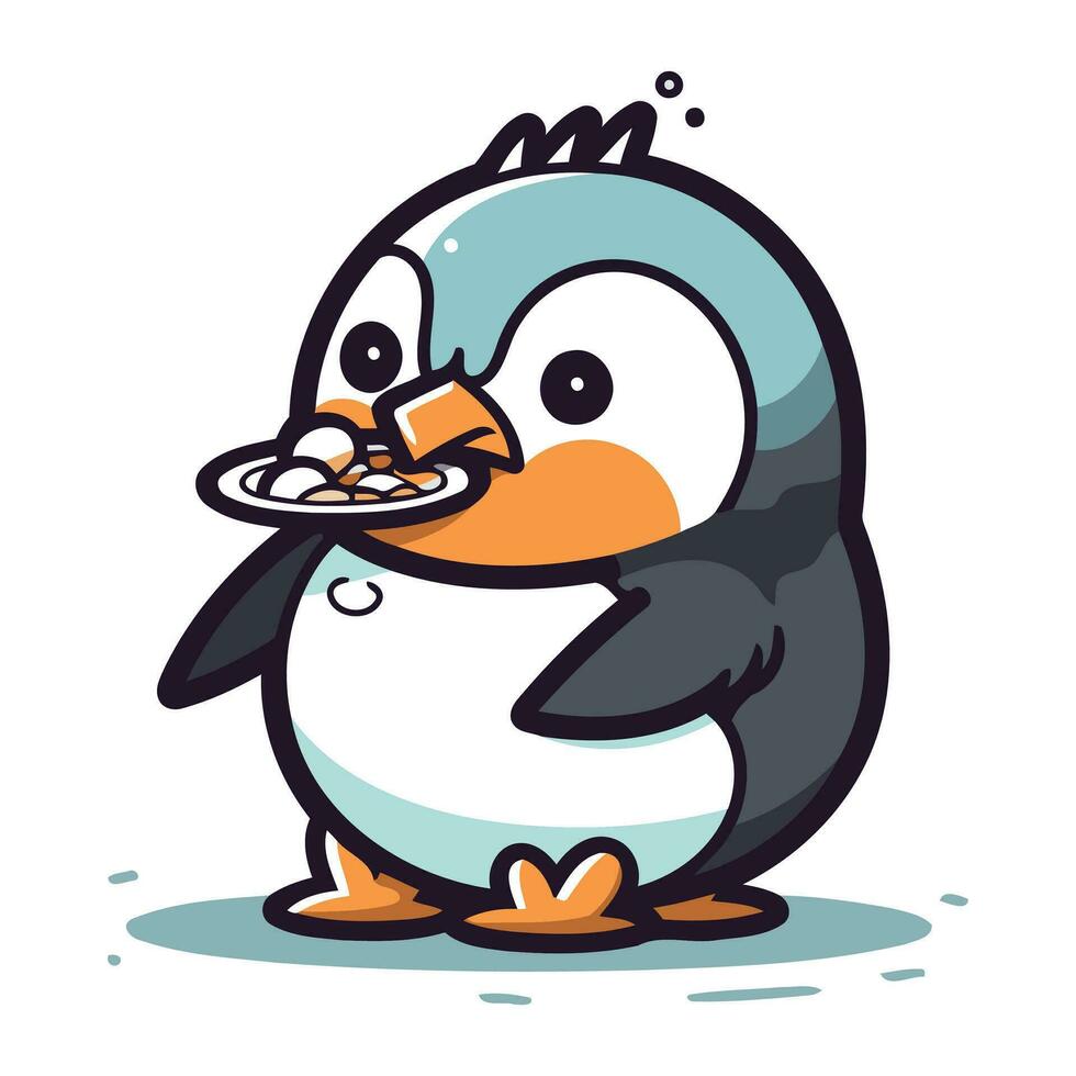 süß Pinguin mit ein Teller von Lebensmittel. Vektor Illustration.