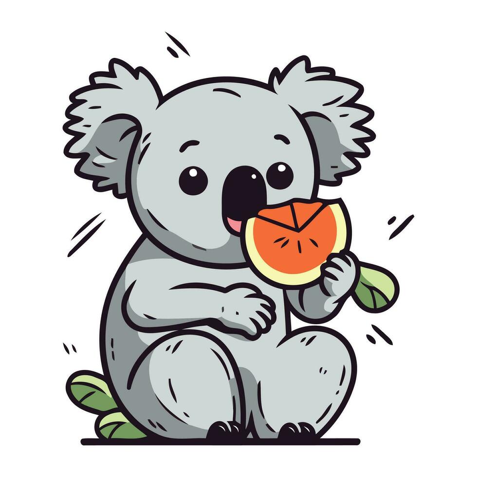 süß Koala halten Scheibe von Wassermelone. Vektor Illustration.