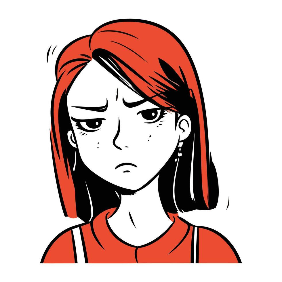porträtt av en ledsen flicka med röd hår. vektor illustration.