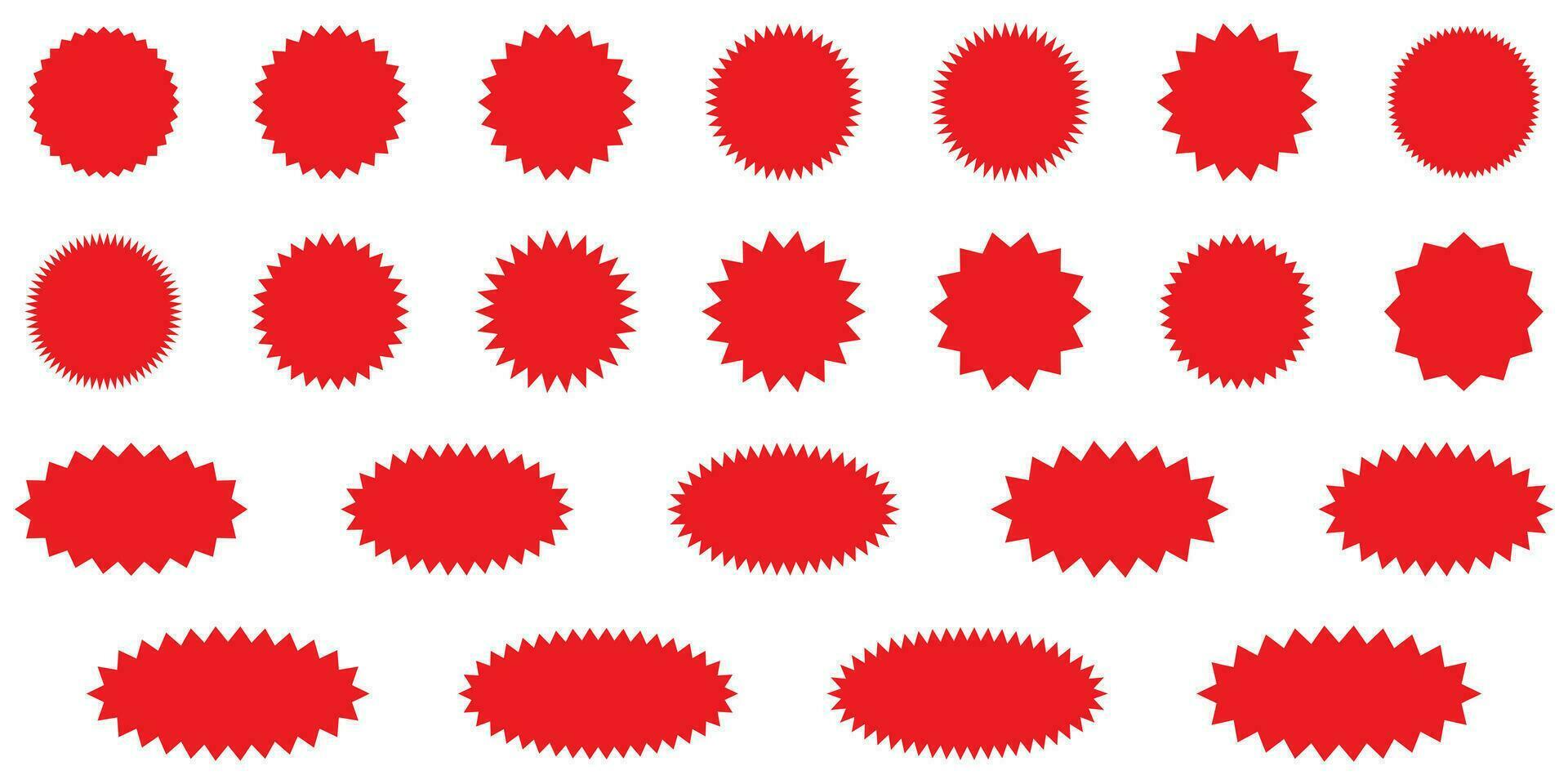 starburst röd klistermärke uppsättning - samling av särskild erbjudande försäljning runda och oval sunburst etiketter och knappar isolerat på vit bakgrund. klistermärken och märken med stjärna kanter för promo reklam. vektor