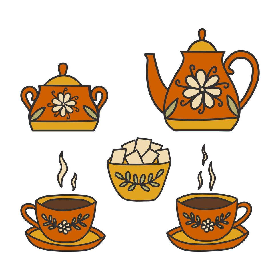 Tee Service. Tassen, Zucker Schüssel und Teekanne. Vektor