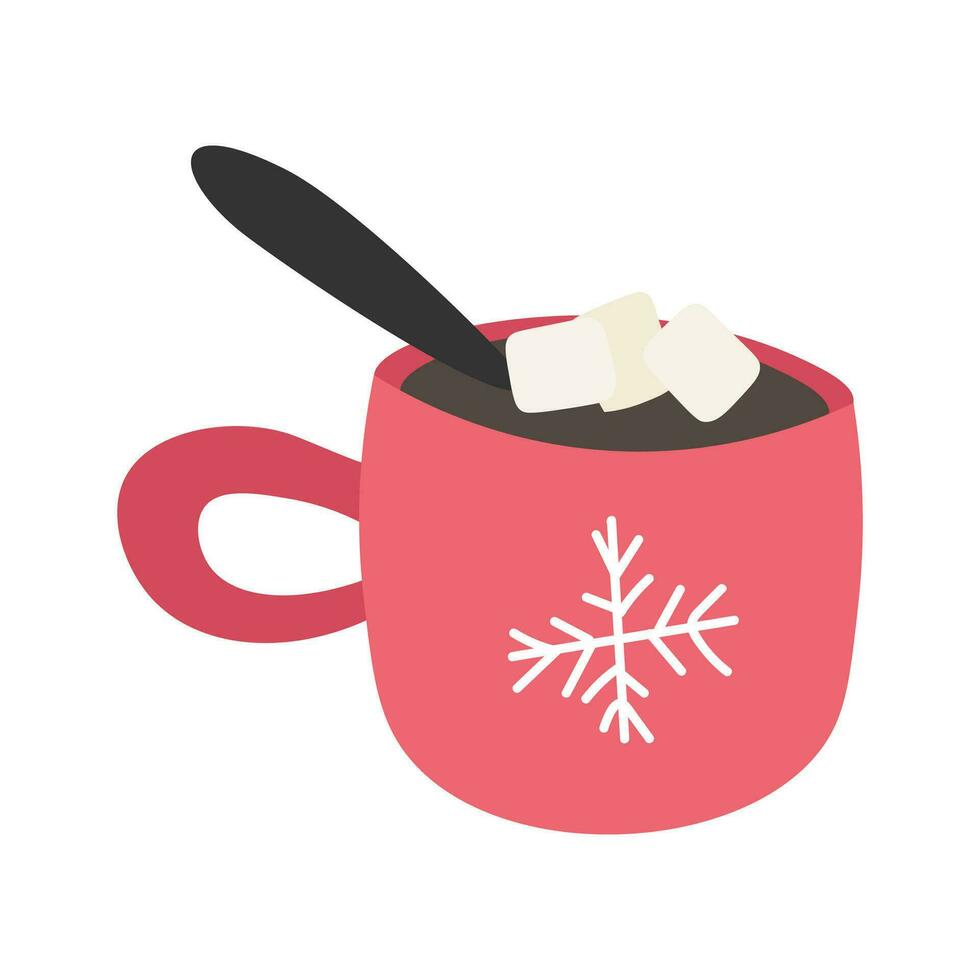 varm choklad kopp med marshmallows, röd med snöflinga prydnad. jul hälsning kort design element. isolerat vektor illustration.