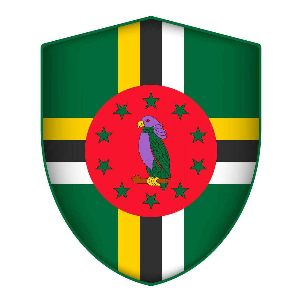 dominica flagga i skydda form. vektor illustration.