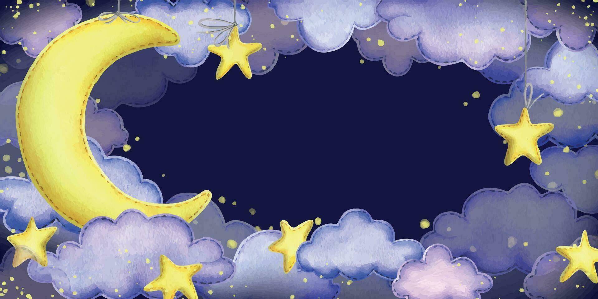 Nacht Himmel mit ein Gelb Mond, suspendiert Sterne und Wolken genäht von Stoff mit Faden Stiche. Hand gezeichnet Aquarell Illustration. horizontal Banner, rahmen, Vorlage auf ein dunkel Blau Hintergrund. vektor