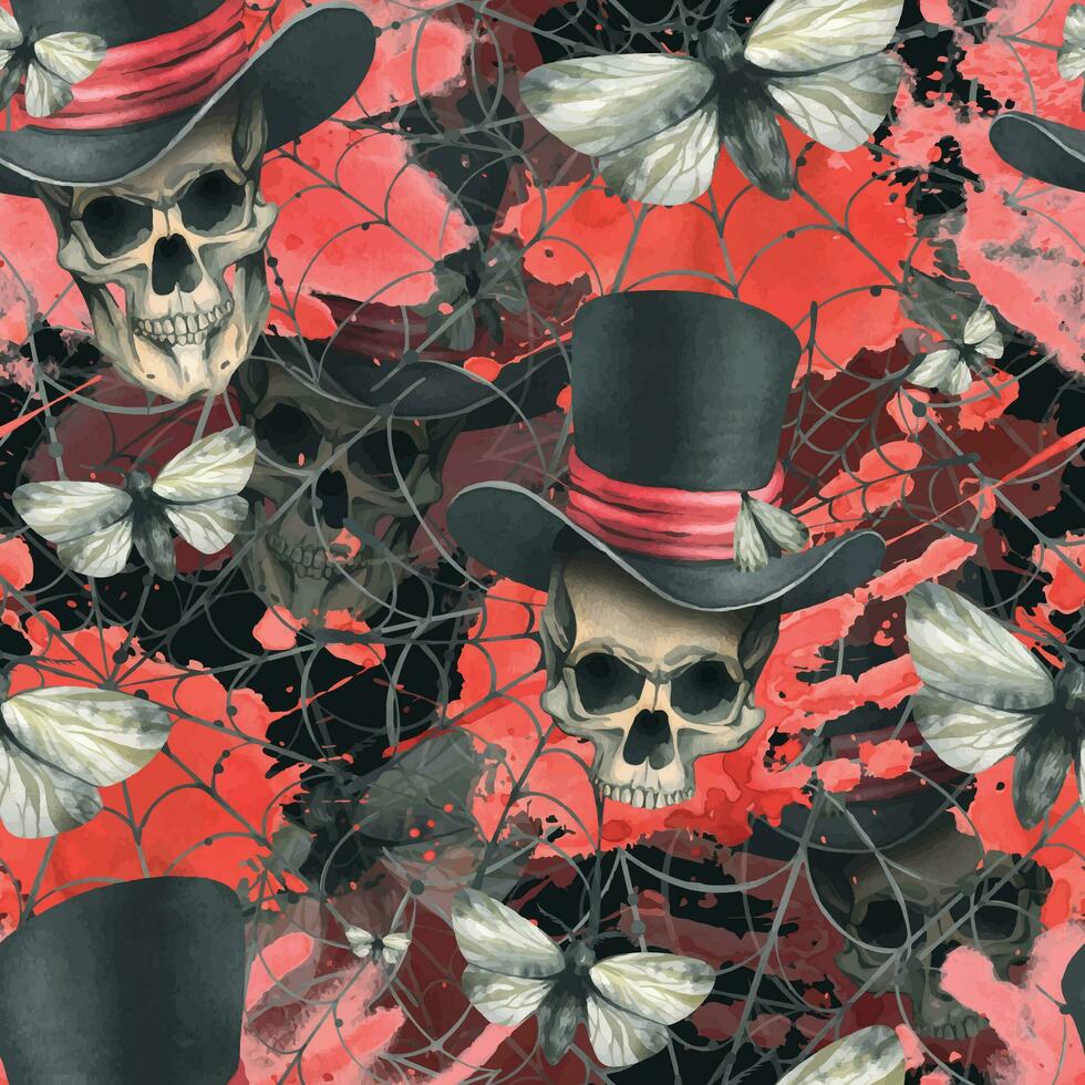 Mensch Schädel im ein oben Hut mit ein Motte, Blutfleck und Spinnweben zum das Urlaub von Tod Tag und Halloween. Aquarell Illustration, Hand gezeichnet. nahtlos Muster auf ein dunkel Hintergrund. vektor