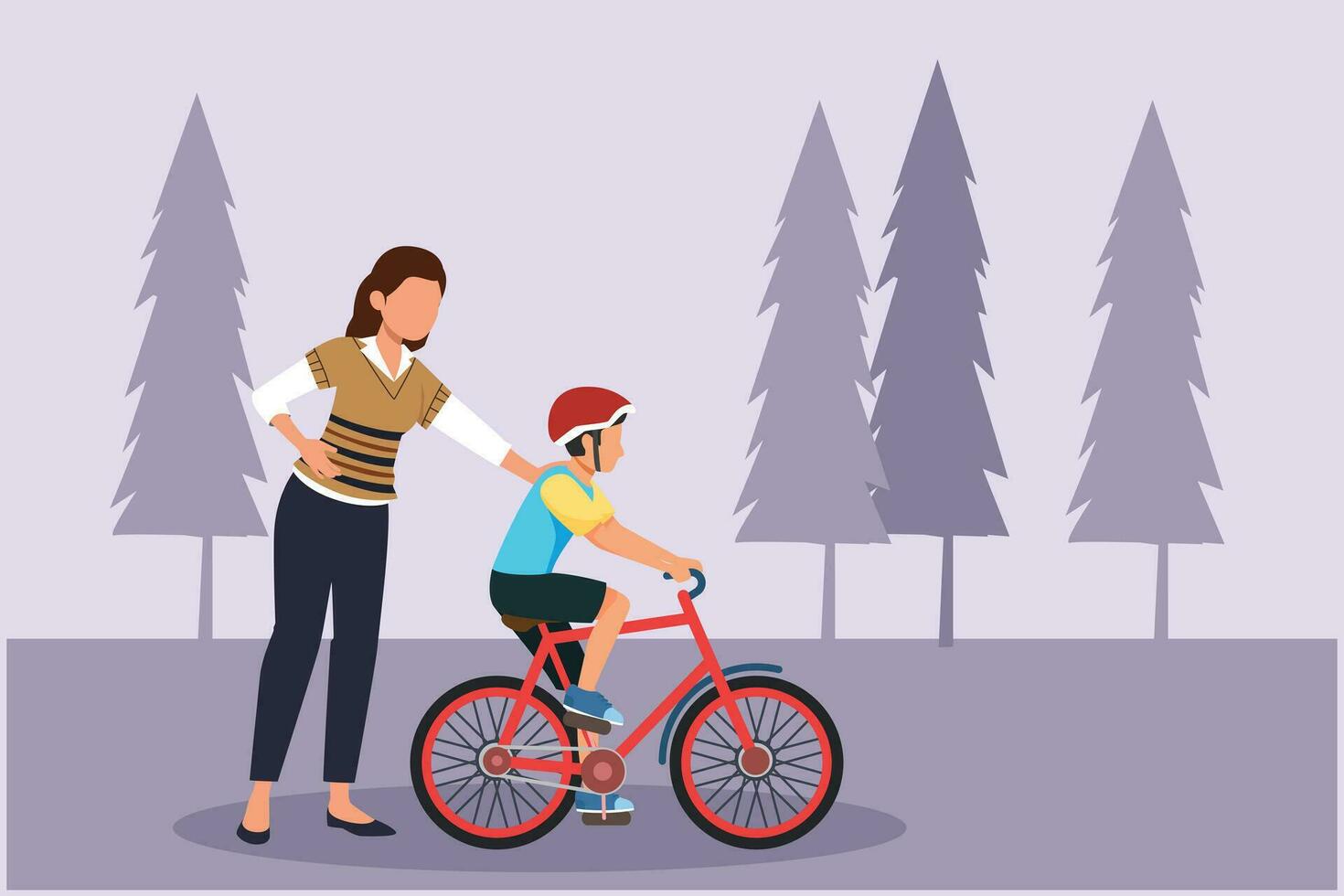 Lycklig föräldrar med henne barn ridning cykel tillsammans. utomhus- fritid aktiviteter begrepp. färgad platt vektor illustration isolerat.