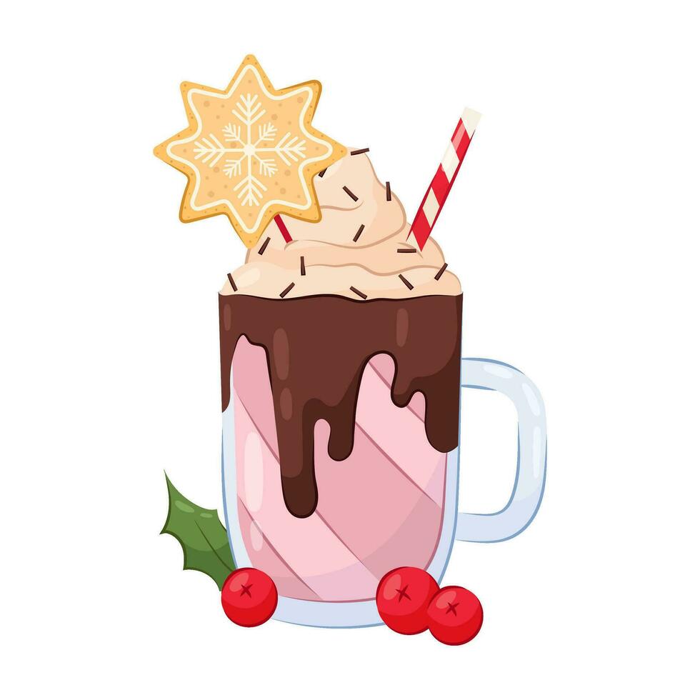 jul dryck. en vinter- dryck med vispad grädde, choklad och konfektyr pålägg dekorerad med pepparkaka småkakor i de form av en stjärna med en snöflinga. jul eller vinter- Semester. vektor