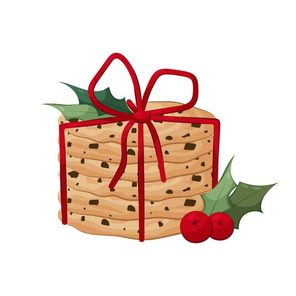 jul småkakor i platt stil på en vit bakgrund. choklad chip småkakor bunden med sträng och dekorerad med vinter- röd bär. vektor