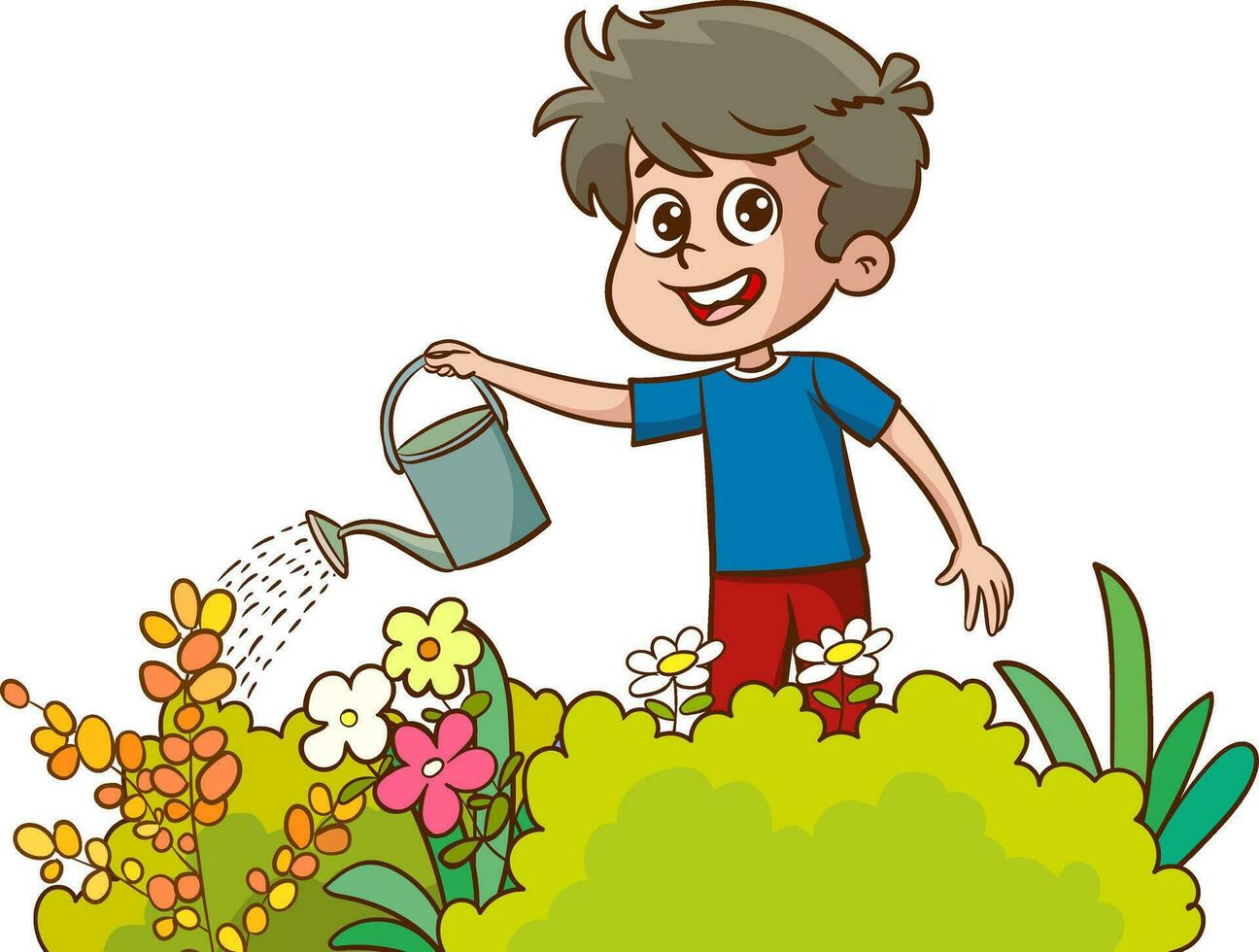 Vektor Illustration von Kinder tun verschiedene Hausarbeiten. süß Kinder Bewässerung das Blumen