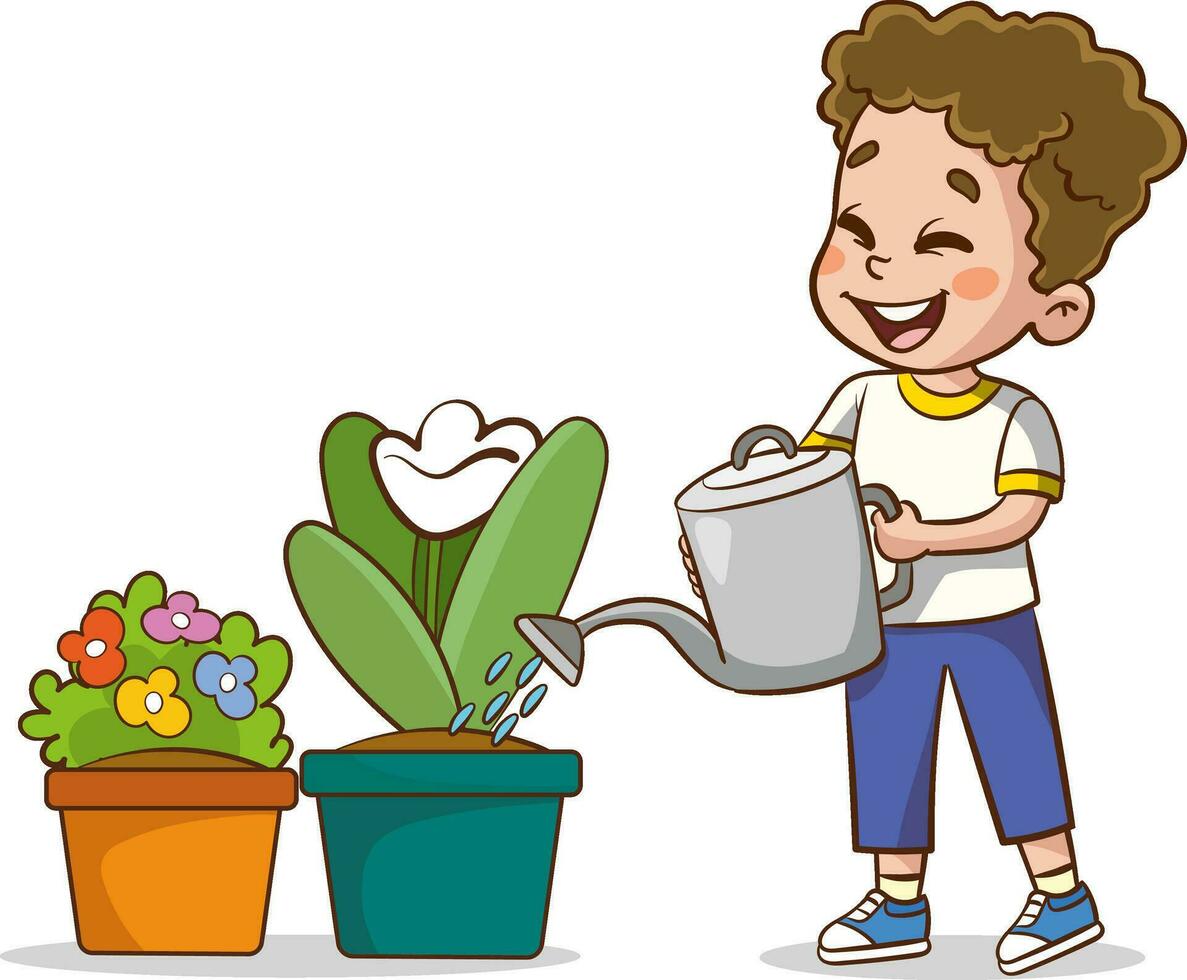Vektor Illustration von Kinder tun verschiedene Hausarbeiten. süß Kinder Bewässerung das Blumen