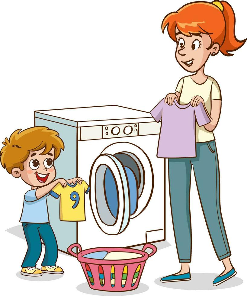 Familie Hausarbeit. Eltern und Kinder sauber oben Haus Karikatur Vektor