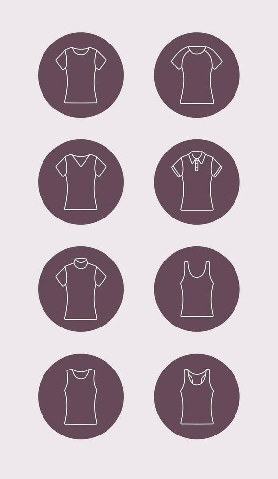 Damen T-Shirt, Unterhemd, Rollkragen. Kleider Linie Symbol. Vektor Illustration.