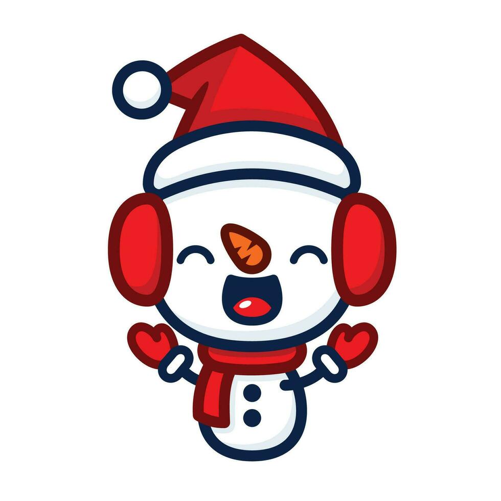 söt och söt stil jul snögubbe tecknad serie karaktär med hörselkåpor vektor