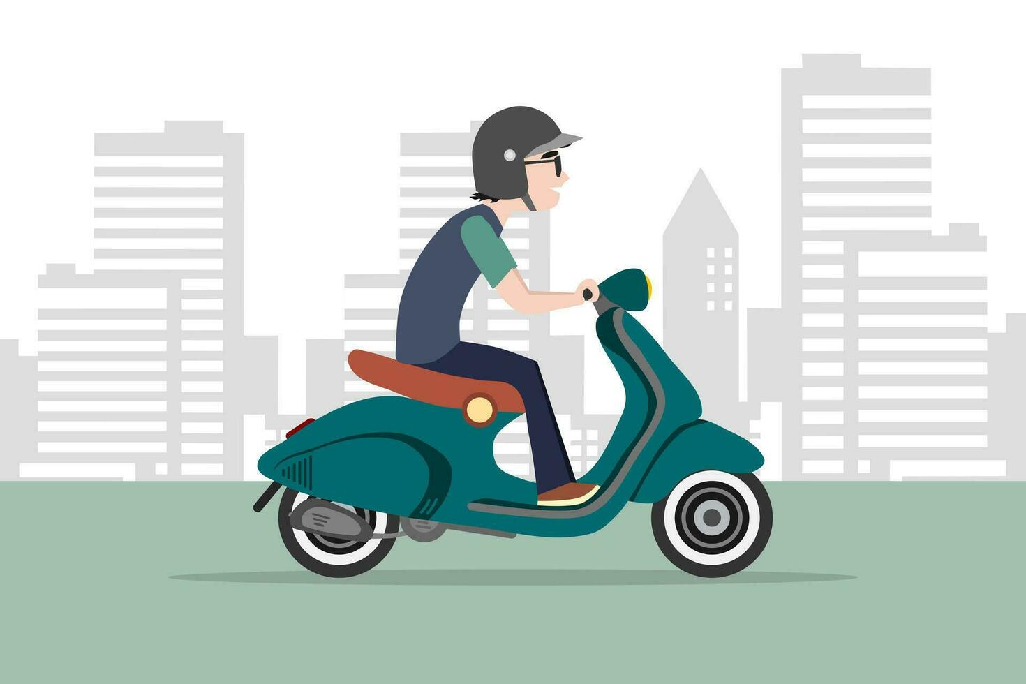 ein Mann tragen Helm Reiten ein Motor- Roller auf das Straße mit Stadt Hintergrund. Karikatur Vektor Illustration.