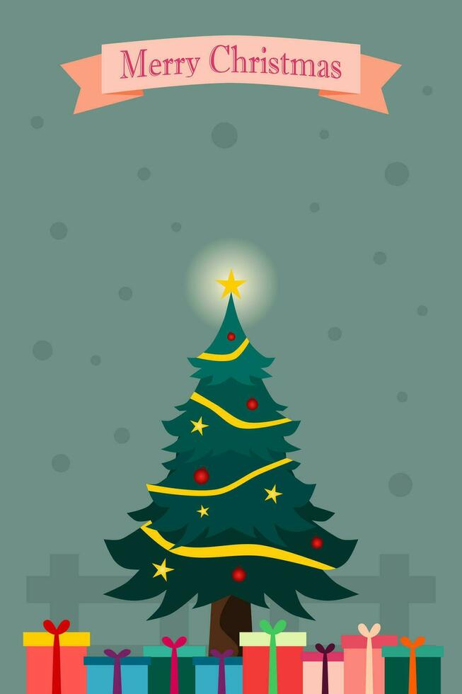 glad jul bakgrund med jul träd, gåva, och snö. vertikal vektor illustration.