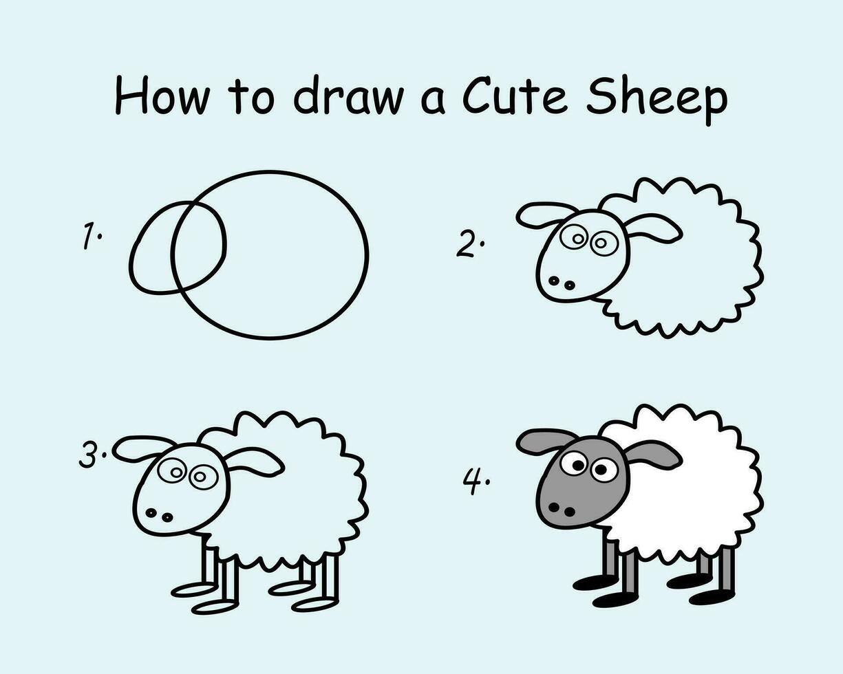 steg förbi steg till dra en söt får. teckning handledning en söt får. teckning lektion för barn. vektor illustration