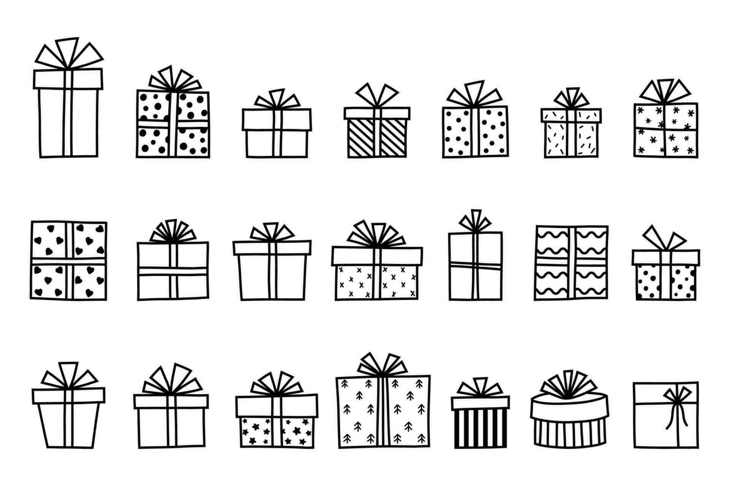 klotter jul gåva låda ikon stor uppsättning. hand dragen samling av födelsedag presenterar. firande design. färg vektor illustration