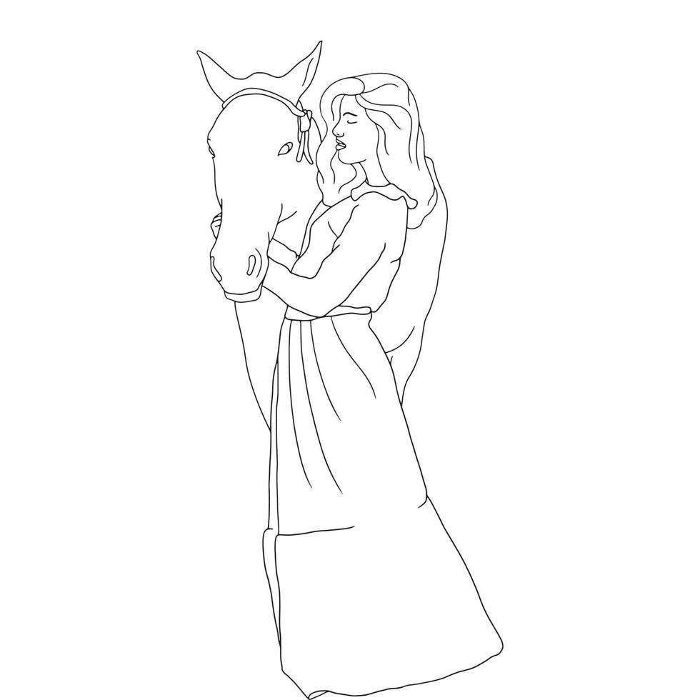 Malvorlagen - Mädchen mit dem Pferd in stehender Pose, vektor