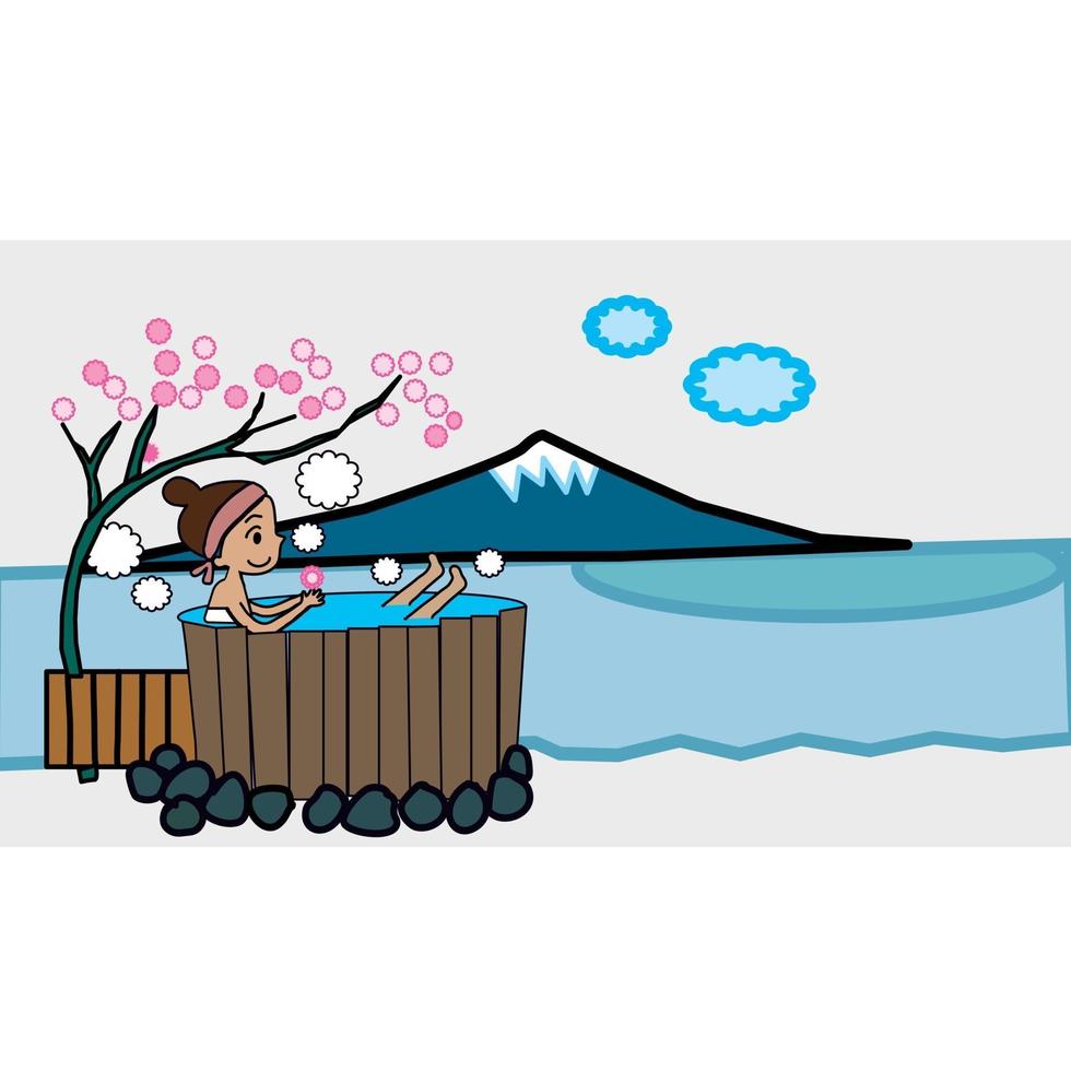 Mädchen in Onsen am Fuji-Berg und Sakura in Japan-Cartoon-Vektor vektor