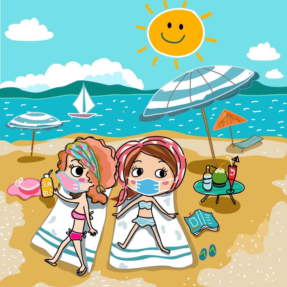 sommar bikini tjejer bär ansiktsmask i covid på stranden tecknad vektor