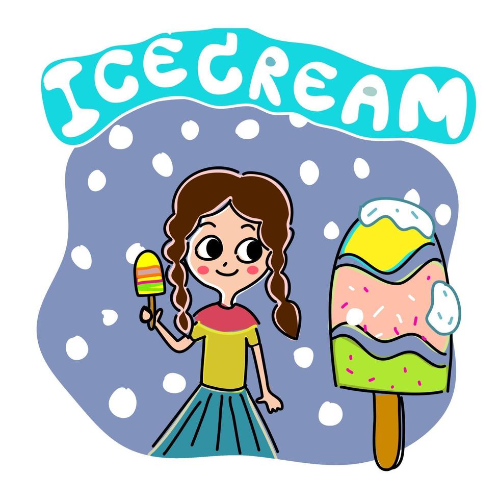 süßes Mädchen mit Eis mit dem Wortlaut des Eisplakatkarikaturvektors vektor