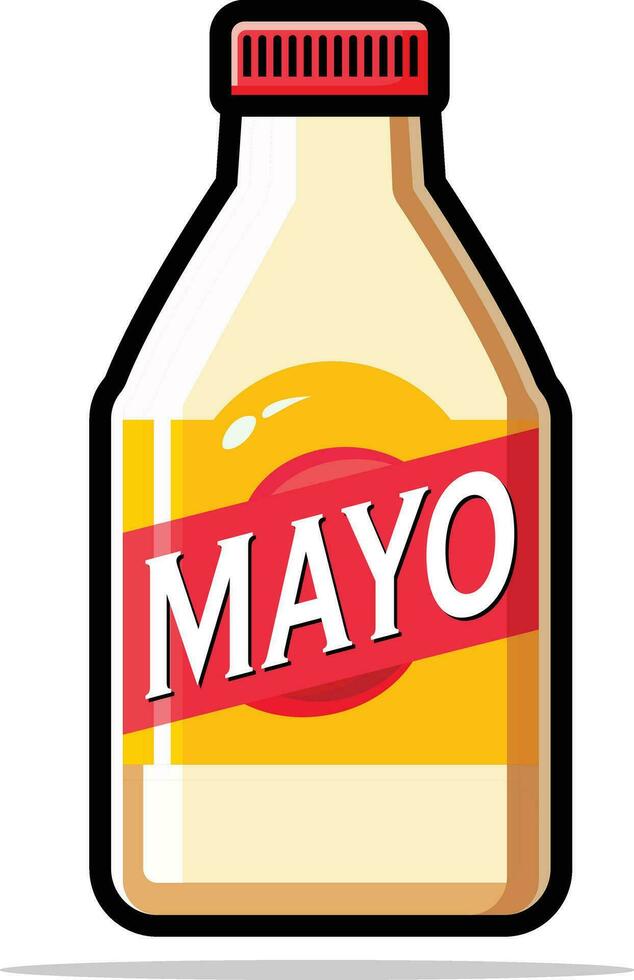Flasche von Mayo mit ein Etikette mit Fett gedruckt Farben Vektor Illustration, Mayonnaise Flasche Lager Vektor Bild