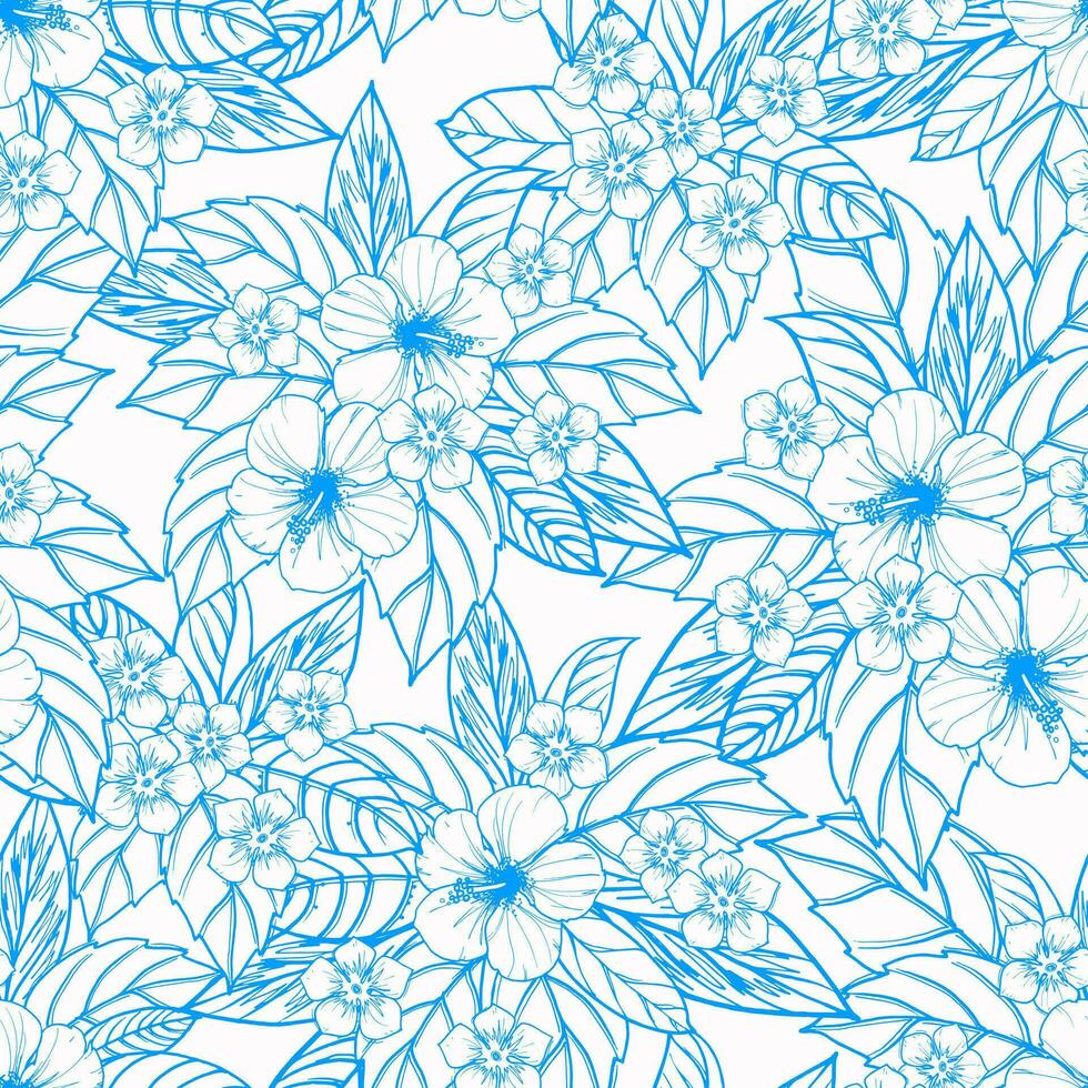 Blau nahtlos Blumen- Muster mit Hibiskus Blumen und Blätter vektor