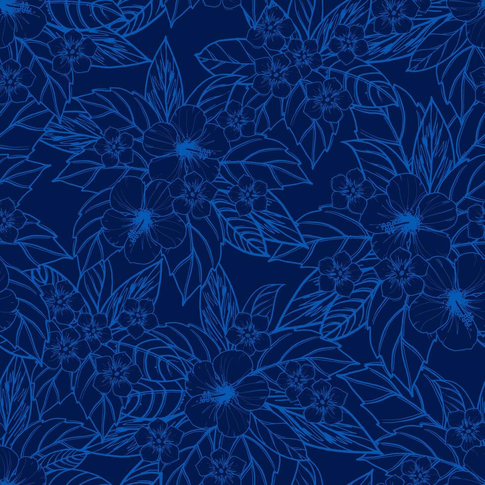 ein Blau Blumen- Muster mit Blätter und Blumen vektor