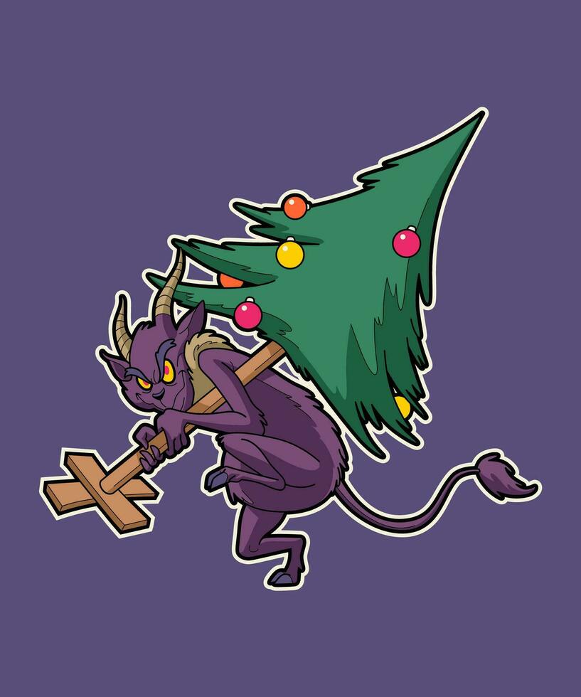 Krampus stehlen Weihnachten Baum. Weihnachten Karikatur Charakter Illustration. vektor