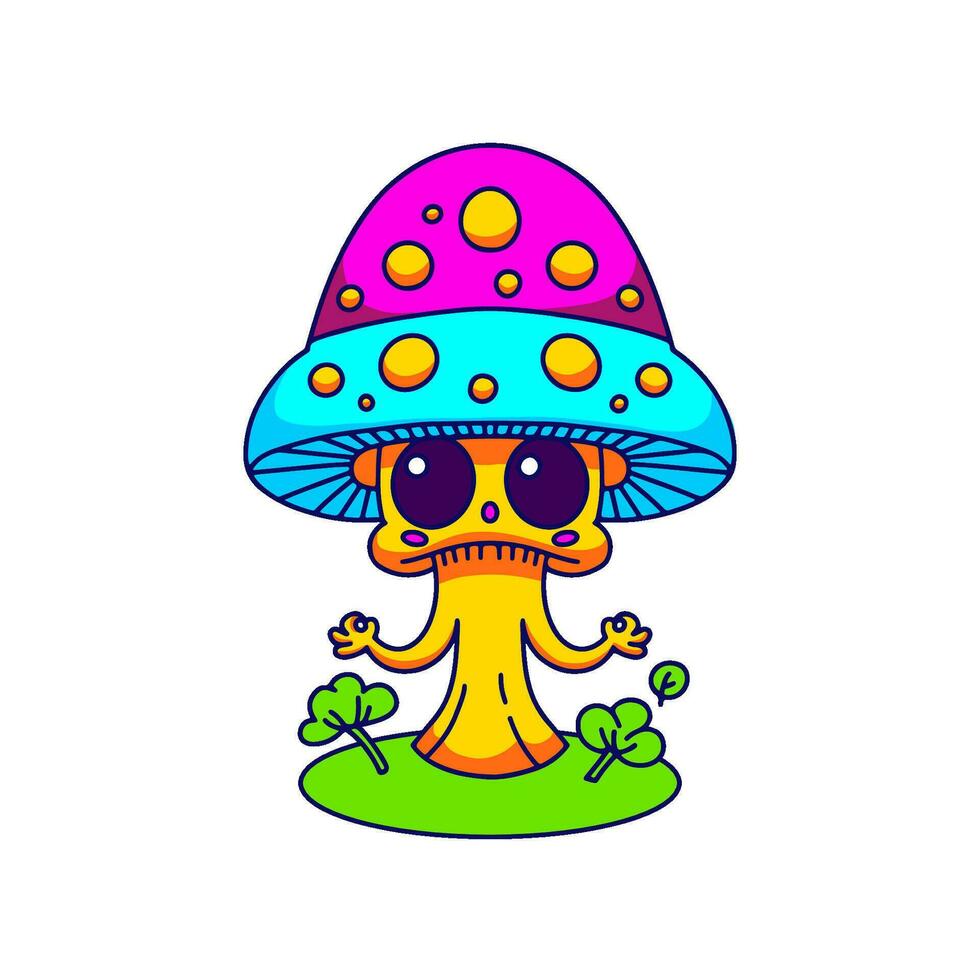 retro groovig trippy Pilz Charakter mit komisch Gesicht. Hippie Raum psychedelisch Pilz. Hippie funky UFO fliegen Agaric Pilz. Jahrgang Karikatur halluzinogen nostalgisch Amanita. modisch y2k Vektor