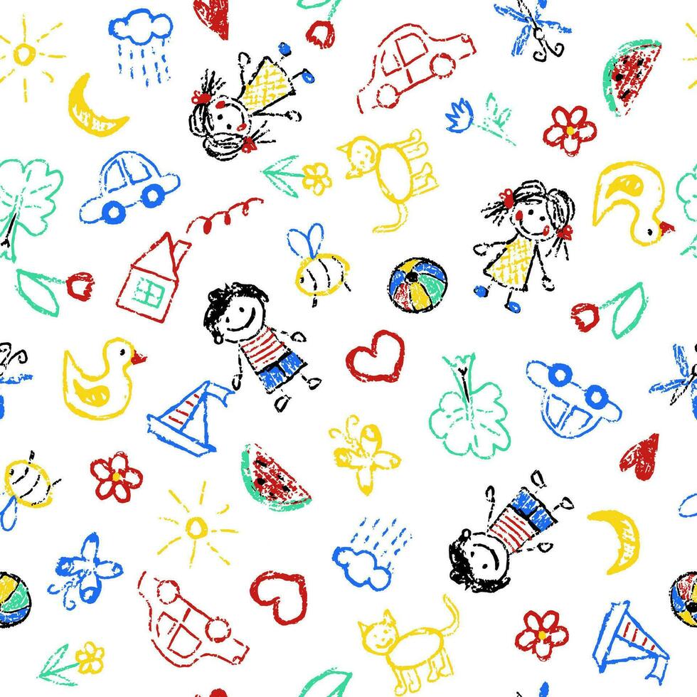 rolig sömlös skriva ut. barns ritningar. grafik för kläder. teckning med vax kritor på en vit bakgrund. barn, blommor, träd, bilar, djur, hus, hjärta vektor
