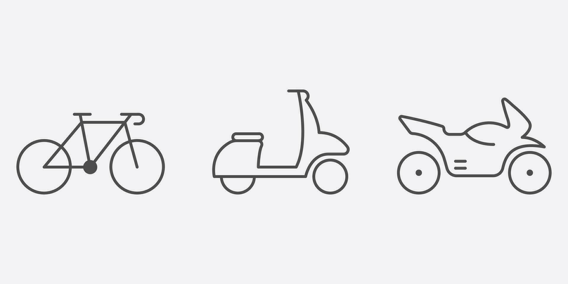 leverans service transport linje ikon uppsättning. motorcykel, cykel, moped, skoter linjär piktogram. väg översikt tecken. motor transport symbol samling. redigerbar stroke. isolerat vektor illustration.