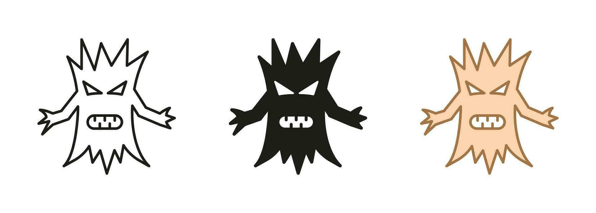 gespenstisch Baum mit gruselig Gesicht Linie und Silhouette Symbol Satz. unheimlich Monster- Baum mit Ast Hand Piktogramm. Halloween Dekoration schwarz und Farbe Symbole. isoliert Vektor Illustration.