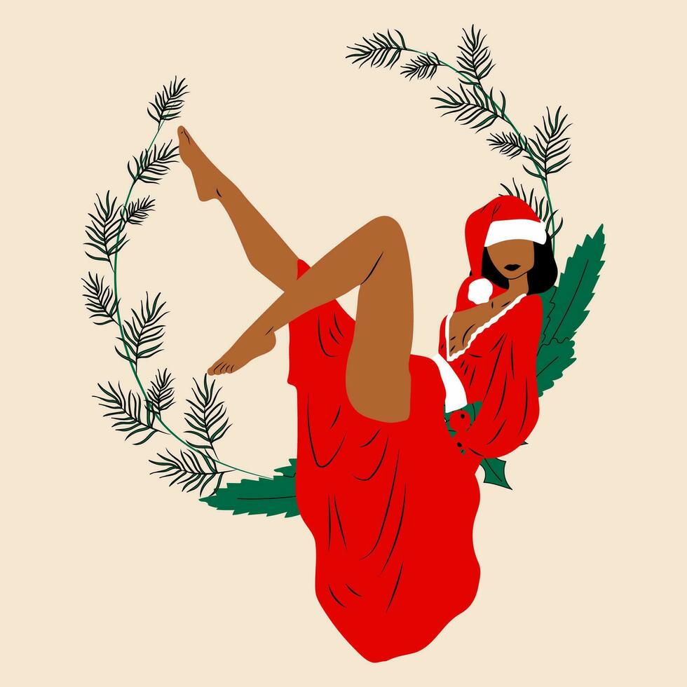 Mädchen ist gekleidet im ein sexy Weihnachten Kleid. süß Damen. Aufstecken, retro Stil. Hand gezeichnet modern Vektor Illustration.