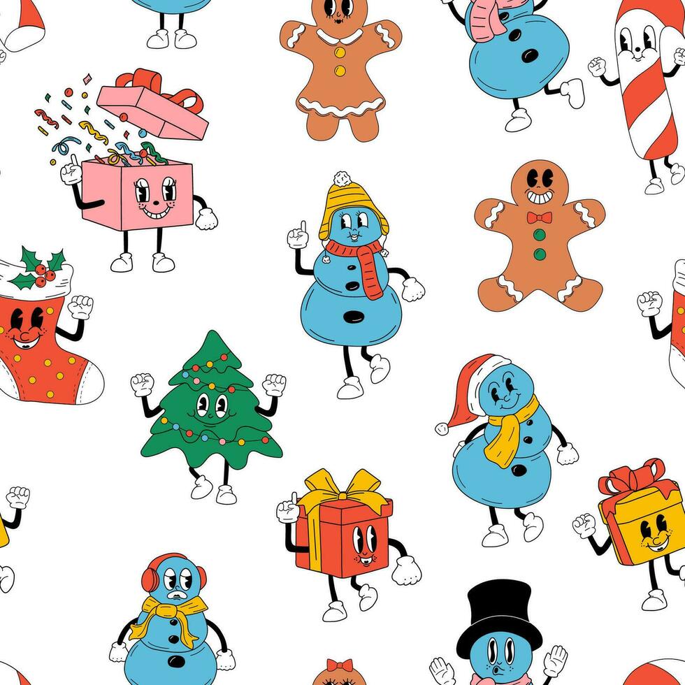 nahtlos Muster mit süß Cartoons Weihnachten Maskottchen. glücklich und heiter Emotionen. alt Animation 60er Jahre 70er, komisch Karikatur Figuren. vektor