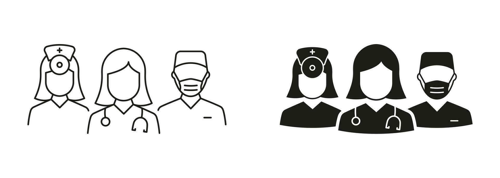 Ärzte und Krankenschwester Mannschaft Linie und Silhouette schwarz Symbol Satz. medizinisch Spezialisten Gruppe Piktogramm. Gesundheitswesen Fachmann Krankenhaus Mitarbeiter Symbol Sammlung. isoliert Vektor Illustration.