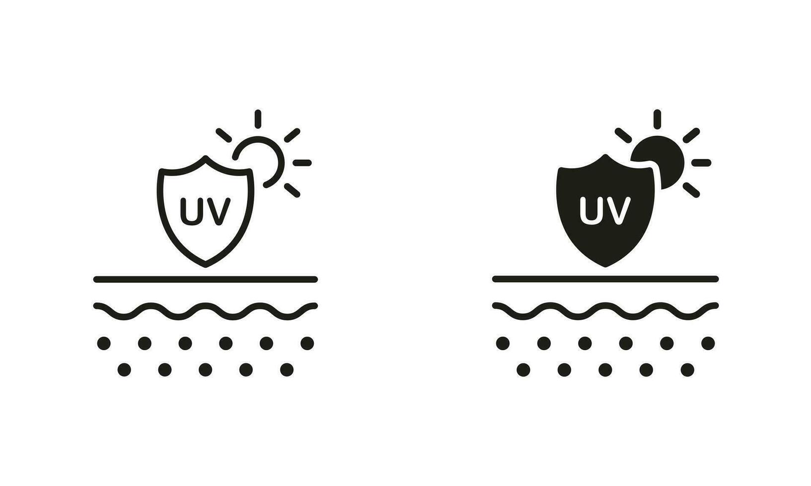 grädde för hud från ultraviolett strålning linje och silhuett svart ikon uppsättning. Sol, skydda, skydd hud av uv strålar piktogram. spf hudvård symbol samling. isolerat vektor illustration.