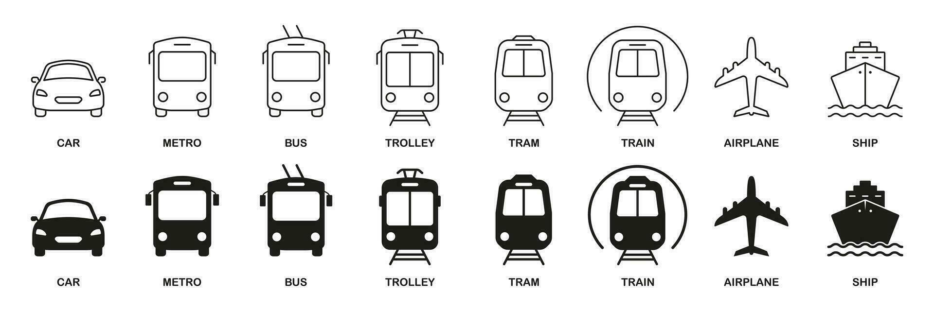 offentlig transport linje och silhuett ikon uppsättning. fordon typer piktogram. bil, buss, tåg, metro, fartyg, järnväg, luft transport, plan symbol samling. väg tecken. isolerat vektor illustration.