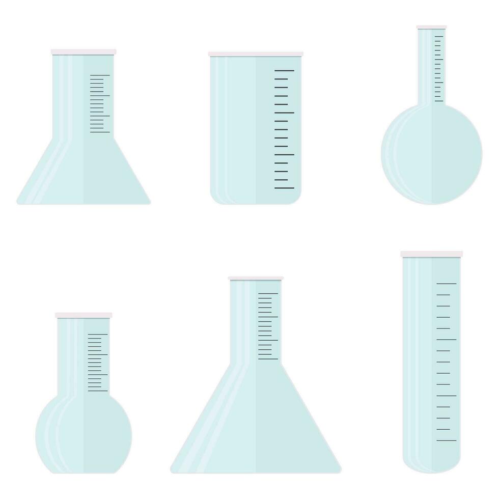 glas för laboratorium platt uppsättning vektor. samling av laboratorium glas Utrustning för kemi, flaska bägare för labb medicinsk experimentera illustration vektor